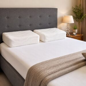 Extra firm pillows, hard pillows on a bed showing the luxury wave stretch-knit fabric.
