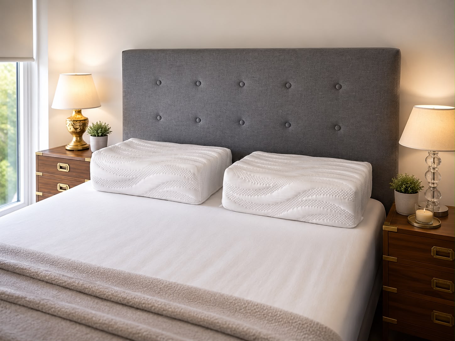 Two Serenity Wave Rock Hard extra firm pillows on a bed showing the luxury wave stretch-knit fabric