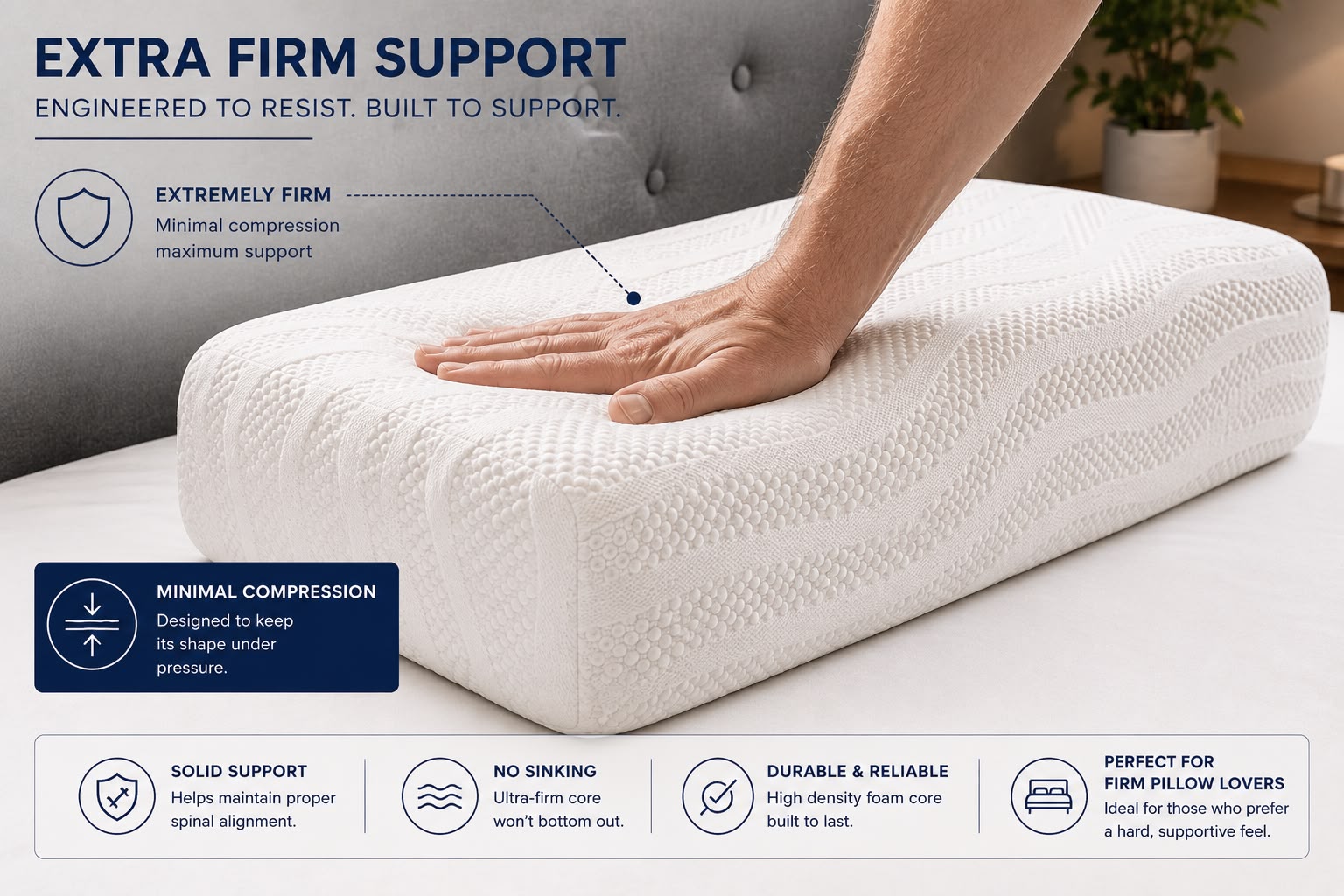 Serenity Wave Rock Hard Firm Pillow firmness demonstration showing minimal compression under hand pressure