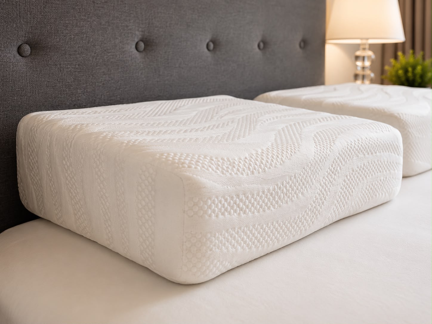 Close-up of Serenity Wave Rock Hard Firm Pillow showing luxury wave-patterned stretch-knit fabric and extra firm pillow shape