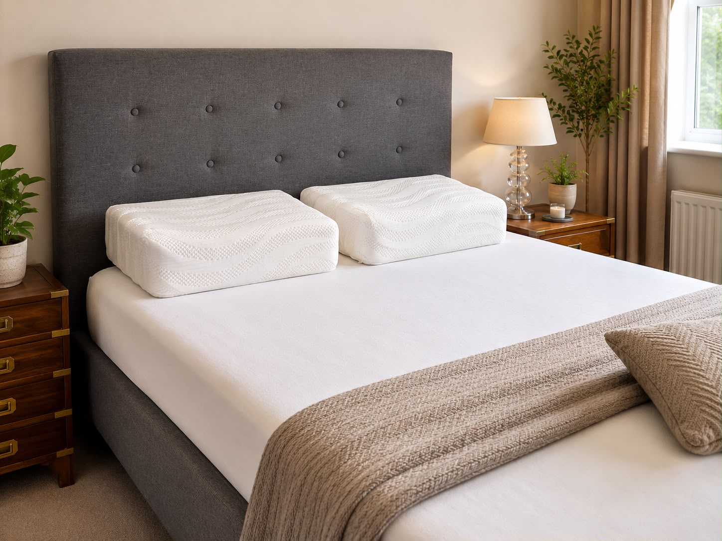 Extra firm pillows, hard pillows on a bed showing the luxury wave stretch-knit fabric.