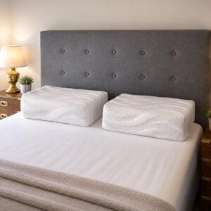 Two Serenity Wave Rock Hard extra firm pillows on a bed showing the luxury wave stretch-knit fabric